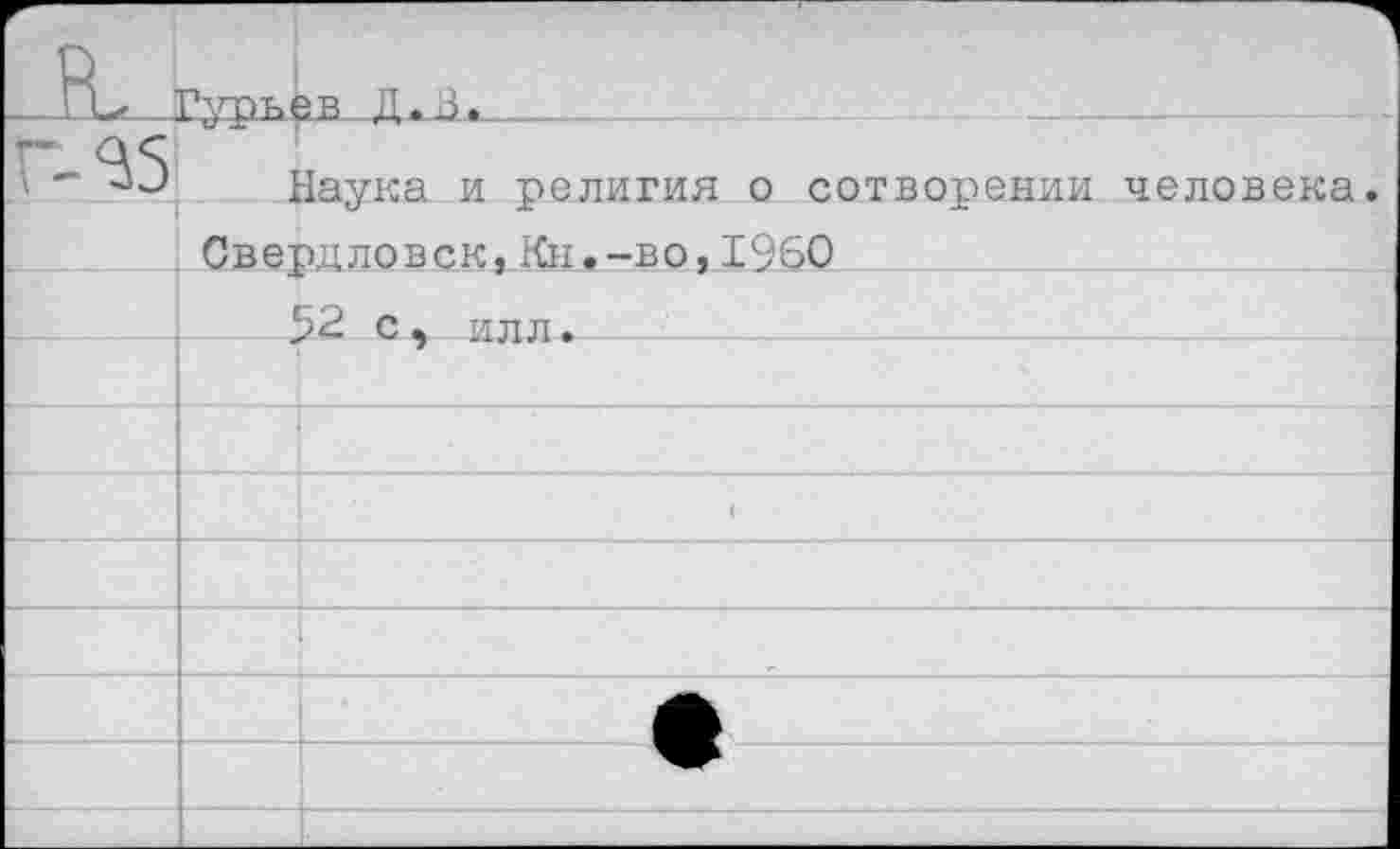 ﻿Гурьев ,Д.З
Наука и религия о сотворении человека
Свердловск,Кн,-во,1960
52с, илл.